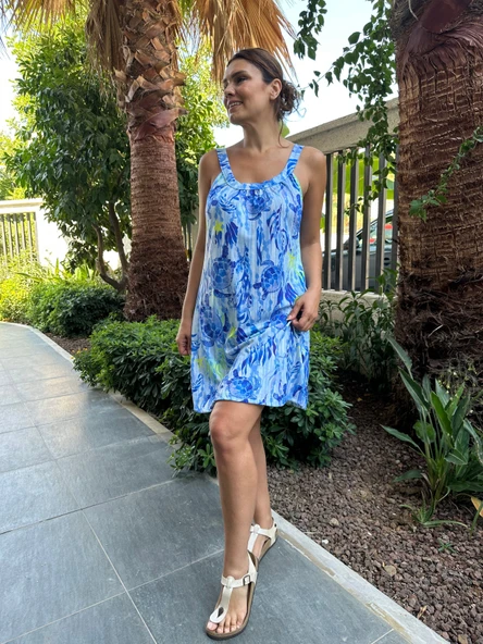 Kaplumbağa Desenli Askılı Süprem Mini Elbise - Resim 4