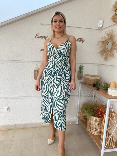 Yeşil Zebra Desenli Saten Kruvaze Elbise ürün görseli 1