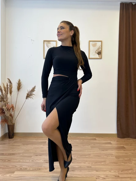 Bel Dekolteli Yırtmaçlı Uzun Elbise - Resim 2
