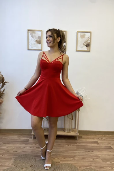 Göğüs Kuplu Kloş Mini Elbise - Resim 11
