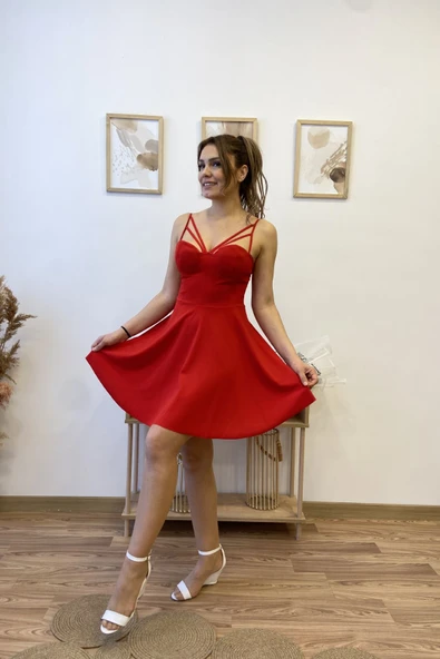 Göğüs Kuplu Kloş Mini Elbise - Resim 12