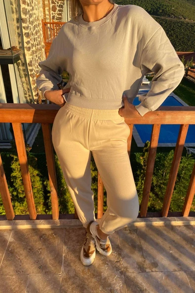 Bisiklet Yaka Crop Sweatshirt - Resim 10