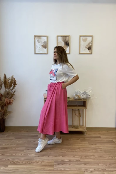 Pembe Keten Kloş Uzun Etek - Resim 3
