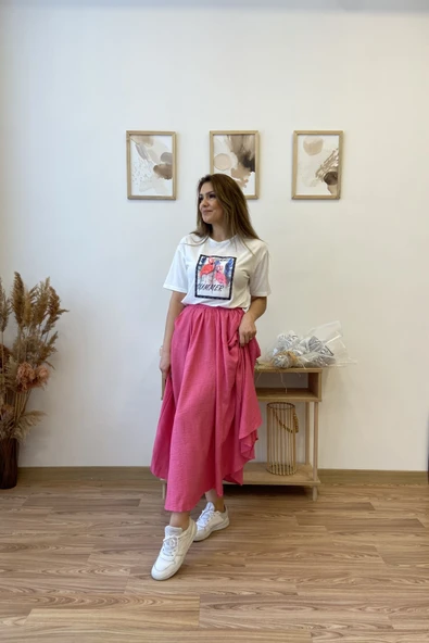 Pembe Keten Kloş Uzun Etek - Resim 5