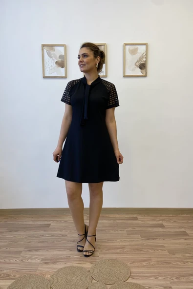 Yaka Fularlı Tül Kol Mini Elbise ürün görseli 1