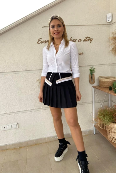 Siyah Bel Detaylı Pileli Şort Etek - Resim 4