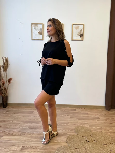 İnci Detaylı Şort Bluz Takım - Resim 11