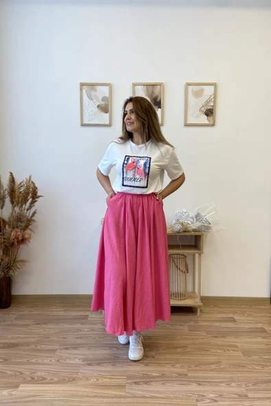 Pembe Keten Kloş Uzun Etek - Resim 2