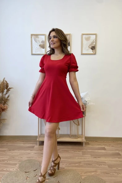 Karpuz Kol Kare Yaka Mini Kloş Elbise - Resim 9