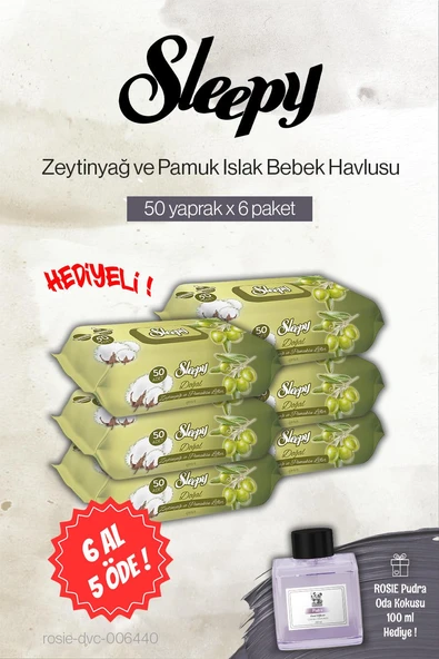 Sleepy 50'li Zeytinyağ ve Pamuklu Bebe Islak Havlu 6 AL 5 ÖDE, Rosie Pudra Oda Kokusu ürün görseli 1