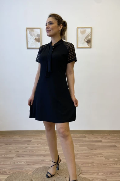 Yaka Fularlı Tül Kol Mini Elbise - Resim 5