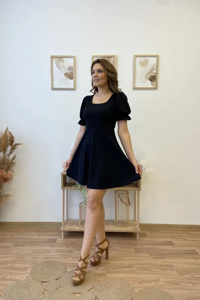 Karpuz Kol Kare Yaka Mini Kloş Elbise ürün görseli 1