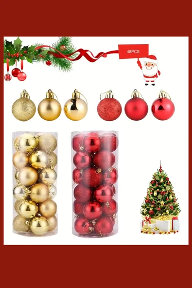 48 Parça Noel Ağacı Süs Seti | Kırmızı & Altın İki Tonlu Plastik Yılbaşı Topları | Çiçek Desenli Dekoratif Süsler | Kış & Tatil Temalı Asma Aksesuarları ürün görseli 1