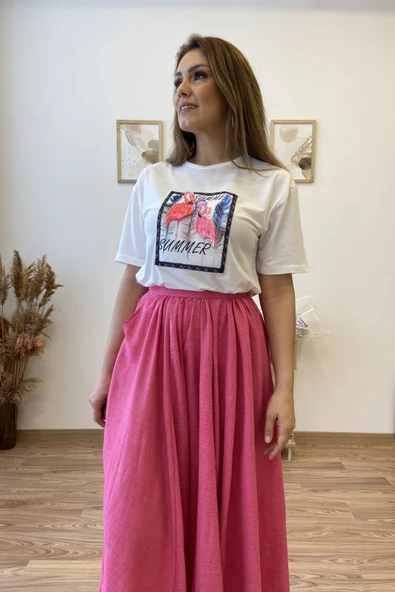 Flamingo Baskılı Beyaz Tshirt ürün görseli 1