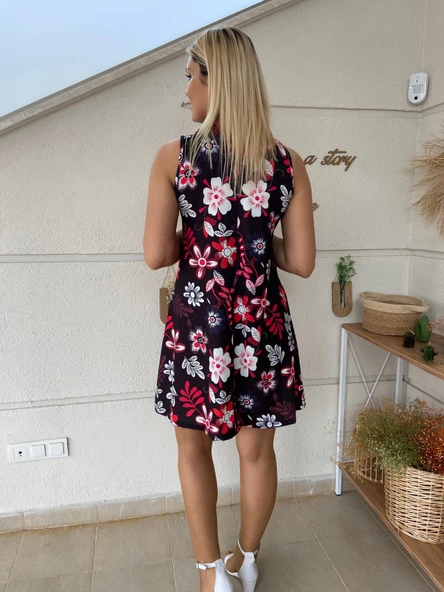 Bisiklet Yaka Çiçekli Mini Elbise - Resim 5