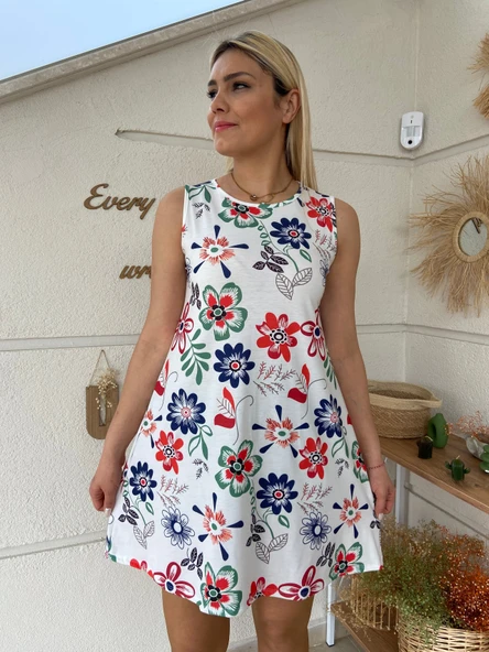 Bisiklet Yaka Çiçekli Mini Elbise - Resim 6