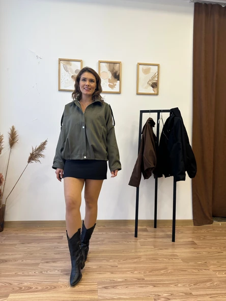Süet Kumaş Apoletli Bomber Ceket - Resim 10