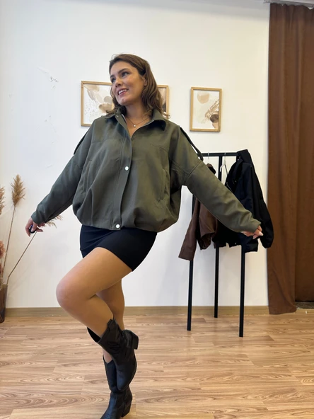 Süet Kumaş Apoletli Bomber Ceket - Resim 9