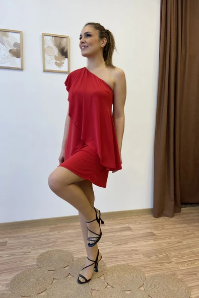 Tek Omuz Asimetrik Sandy Mini Elbise - Resim 6
