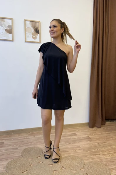 Tek Omuz Asimetrik Sandy Mini Elbise - Resim 10