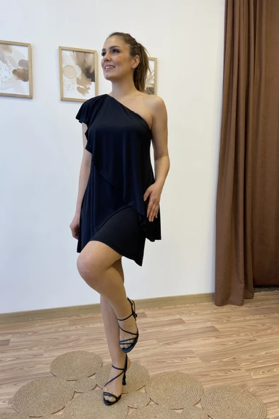 Tek Omuz Asimetrik Sandy Mini Elbise - Resim 8