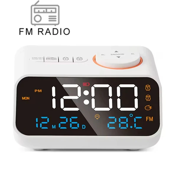 ShopyTech FM Radyo Dijital Çalar Saat LED Ekranlı Masa Saati Sıcaklık Nem göstergesi 2 USB Şarj Çıkışı Siyah,Beyaz ürün görseli 1