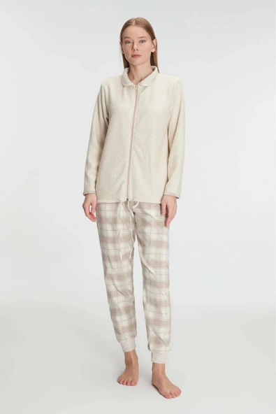 Bicomi Fermuarlı Uzun Kol Sweatshirt Pantolon Takım Viskon ve Pamuklu Pijama Takımı ürün görseli 1
