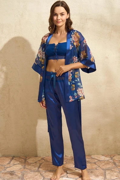 Bicomi Tül Çiçek Baskılı Sabahlık Balensiz Desteksiz Dolgusuz Dantelli Büstiyer Sütyen ve Saten Pantolon Pijama 3lü Takı ürün görseli 1