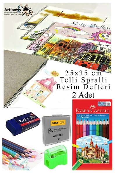 12 Renk Kuru Boya 25x35 cm Telli Spralli Resim Defteri Hamur Silgi Kalemtraş 15 Yaprak Resim Defteri Kuruboya Kalemi ürün görseli 1