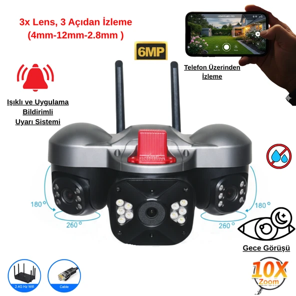 Apronx 6MP Wi-Fi Kamera | 3 Lens Üçlü Görüş Güvenlik Kamerası | Dış Mekan | Gece Renkli Görüş ürün görseli 1