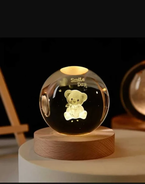 3D Kristal Cam Küre Ahşap Kaideli Gece Lambası - Ayıcık ürün görseli 1