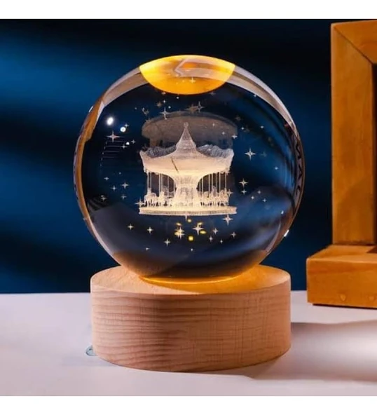 3D Kristal Cam Küre Ahşap Kaideli Gece Lambası - Atlıkarınca ürün görseli 1