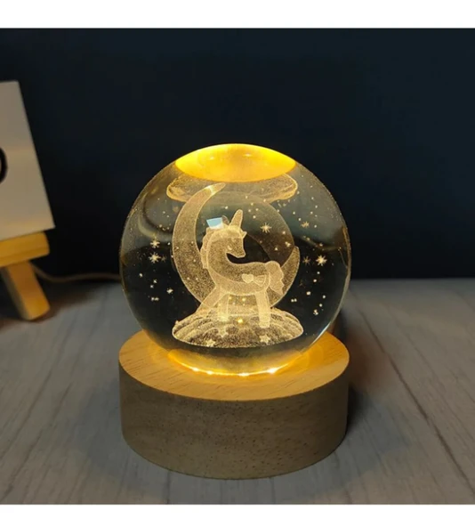 3D Kristal Cam Küre Ahşap Kaideli Gece Lambası - Unicorn ürün görseli 1