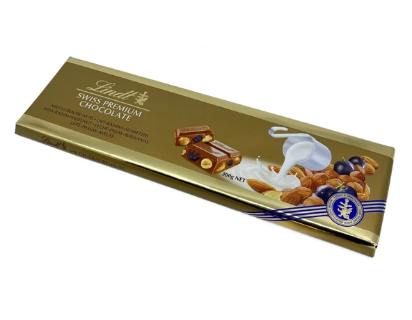 Lindt Swiss Premium Kuru Üzümlü, Bademli, Fındıklı Sütlü İsviçre Çikolatası 300 g ürün görseli 1