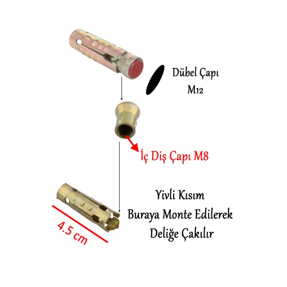 8 Adet Tapalı Çekme Çelik Dübel M12x45 mm Genleşmeli İç Diş M8 Montaj Bağlantı Aparat ürün görseli 1