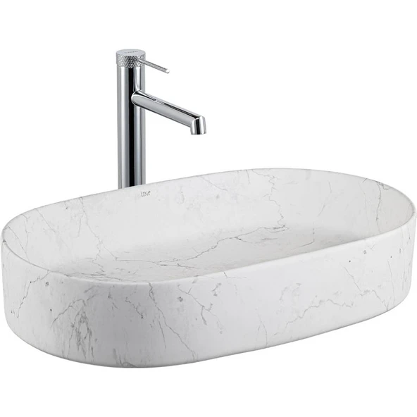 Lena E-W1202M8 Tezgah Üstü Lavabo Mat Beyaz Mermer Desenli ürün görseli 1