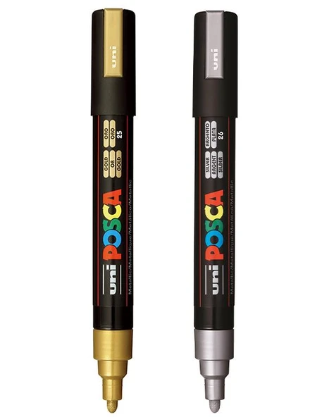 Uni Posca Su Bazlı Poster Markör Set Metalik Gümüş ve Altın 1.8 2.5mm PC5M ürün görseli 1