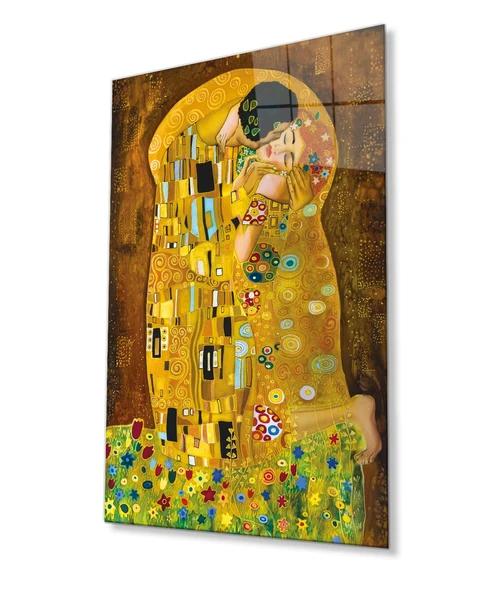 Gustav Klimt Öpücük Cam Tablo, Ev ve Ofis Duvar Dekoru, Hediyelik Büyük Temperli 4 mm Cam Tablo ürün görseli 1
