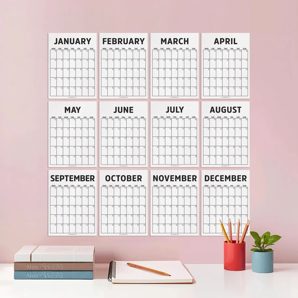Tarihsiz Aylık Planlayıcı Duvar Takvimi - Minimalist Siyah Beyaz Modern Planlayıcı (12 Ay) ürün görseli 1