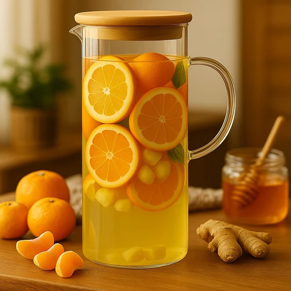 Dekorasyaa Borosilikat Cam Sürahi Bambu Kapaklı 1500ml ürün görseli 1