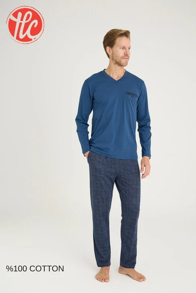Kly Erkek %100 Pamuklu 4 Mevsim Kumaş V Yaka Uzun Kollu Pijama Takım ürün görseli 1