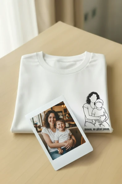 Çizgisel Kişiye Özel Fotoğraf Çizim Baskılı T-Shirt ürün görseli 1