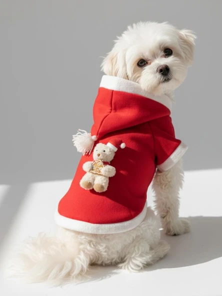 Snow Bear Kırmızı Xmas Köpek Kıyafeti | Kapüşonlu Polar Noel Sweatshirt | Küçük Irklar İçin ürün görseli 1