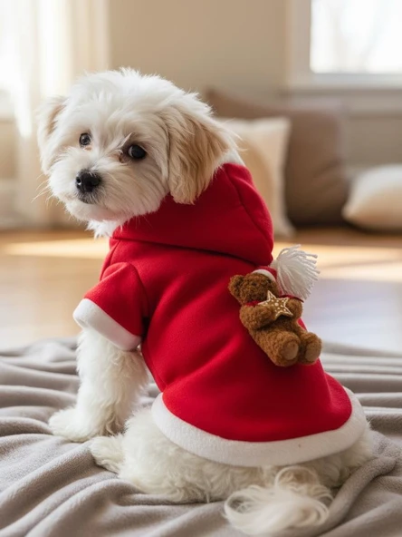 Uncle Teddy  Kırmızı Xmas Köpek Kıyafeti | Kapüşonlu Polar Noel Sweatshirt | Küçük Irklar İçin ürün görseli 1