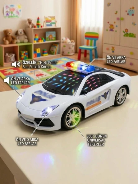 3D Işıklı Sesli Pilli Çarp Dön Mekanizmalı Polis Detaylı Tasarımlı Oyuncak Polis Arabası ürün görseli 1