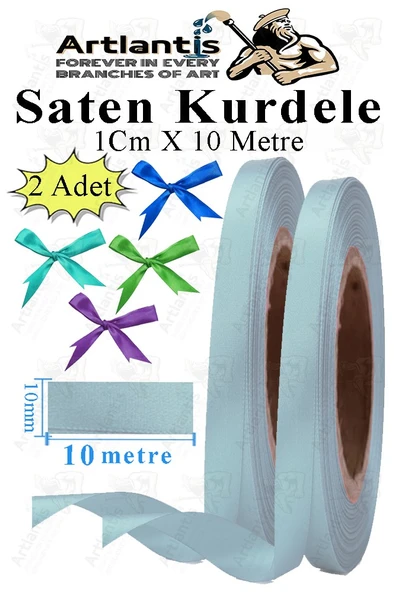 Açık Mavi Kurdele Saten 1 Cm 10 Metre 2 Adet Saten Kurdela Parlak Hediye ve Süsleme Şeridi Süs Paketleme Çiçek Saç El ürün görseli 1