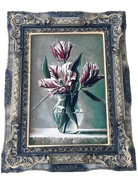 Sükûnetin Laleleri Adlı İran Tebriz Halı Tablo 94x74cm - Duvar Halı Kilim Tablo ürün görseli 1