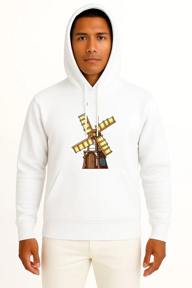 Kapüşonlu Kahverengi Ve Sarı Yel Değirmeni Göğüs Baskılı Unisex Sweatshirt ürün görseli 1