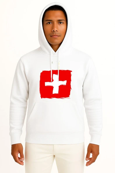 Kapüşonlu İsviçre Bayrağı Göğüs Baskılı Unisex Sweatshirt ürün görseli 1