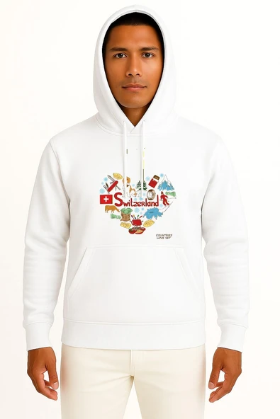 Kapüşonlu İsviçre Ülkesi Ve Kalp Logo Göğüs Baskılı Unisex Sweatshirt ürün görseli 1